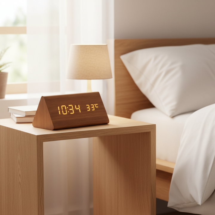 Minimalist LED wooden clock, digital display, voice control for modern homes.