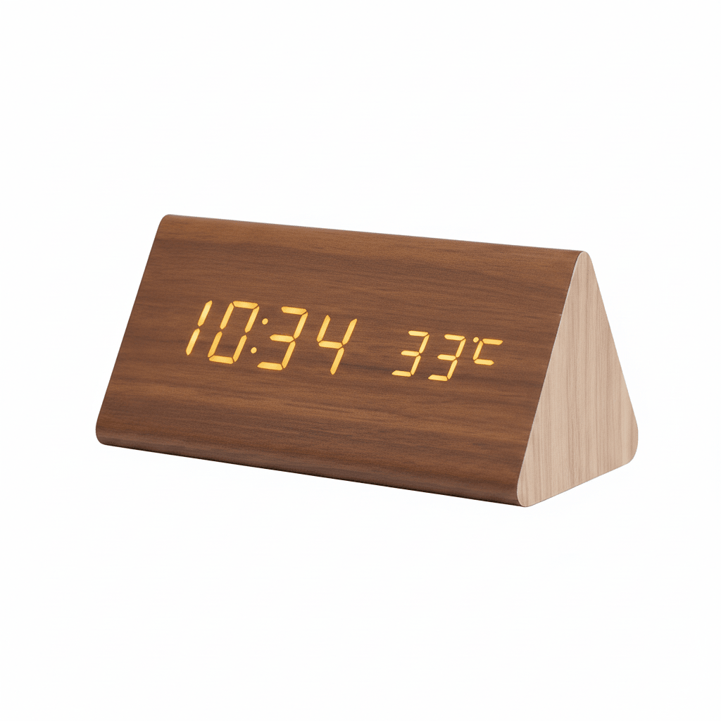 LED wooden clock with voice control and modern digital display.