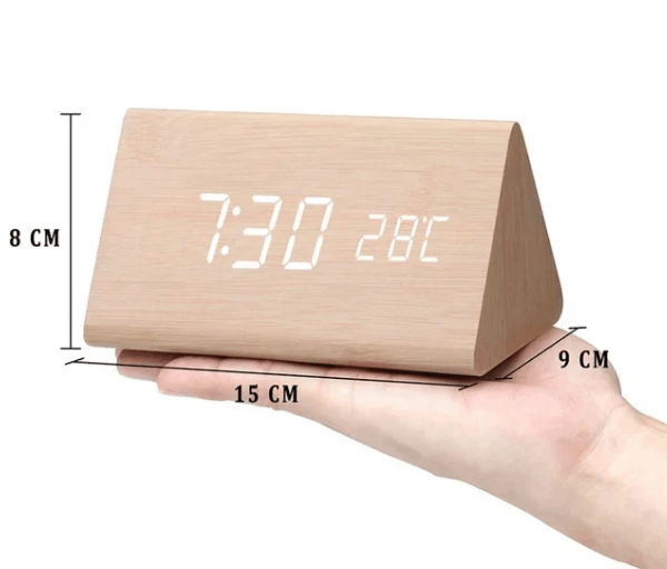 Functional LED wooden clock, digital display, voice control, and alarm.