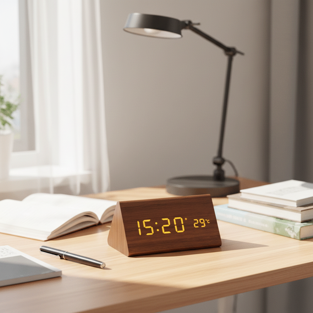 Home decor LED wooden clock, voice control, digital time and temperature.
