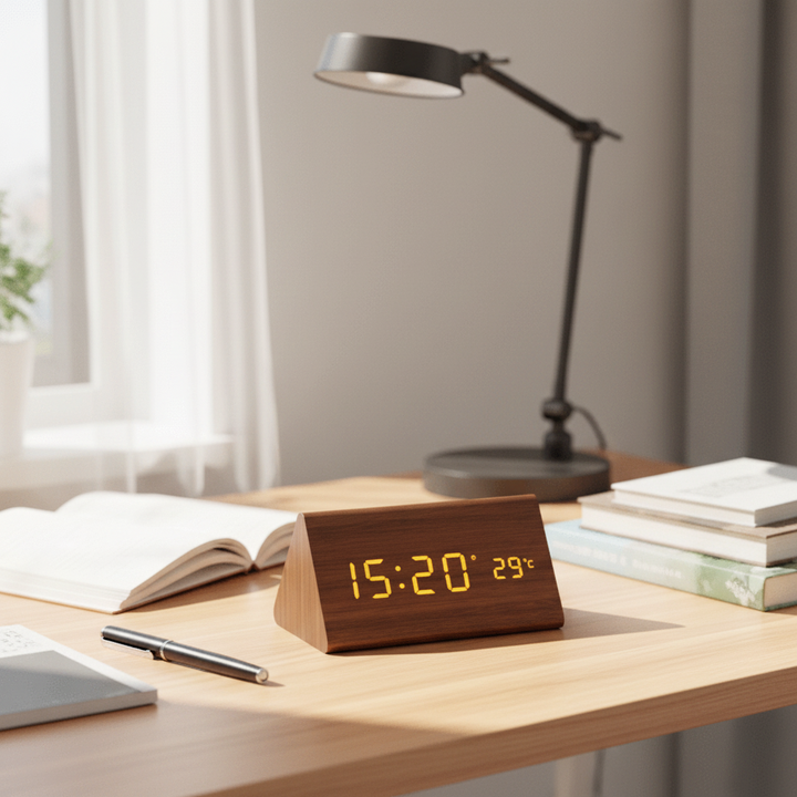 Home decor LED wooden clock, voice control, digital time and temperature.