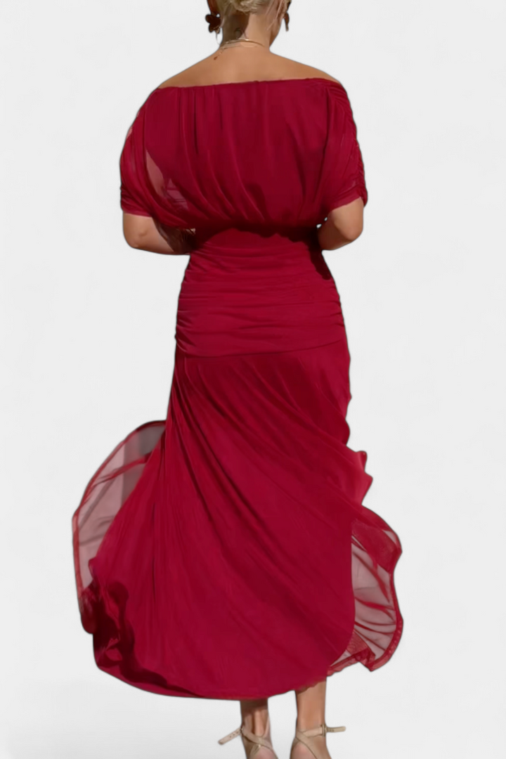 Women's formal off-shoulder floral maxi dress, ruched sweetheart neckline. Elegant choice for wedding guests.