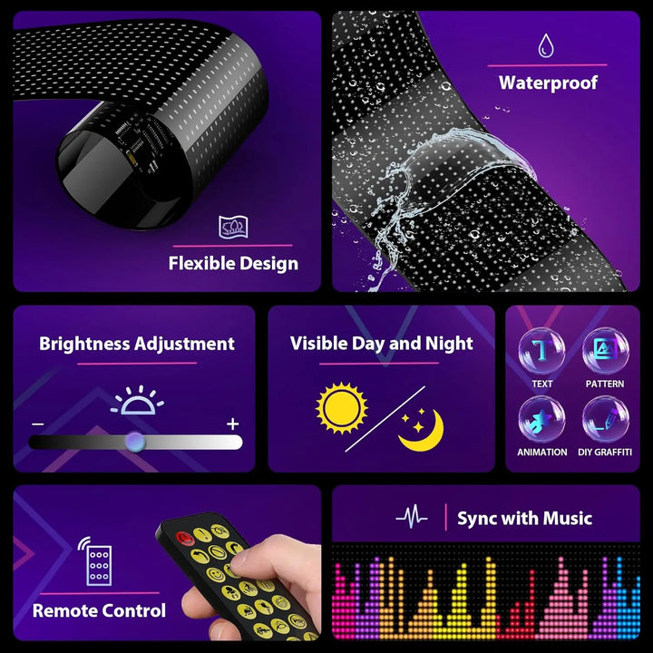 Vibrant RGB LED message sign, customizable colors for car windows or store advertising. App-controlled.