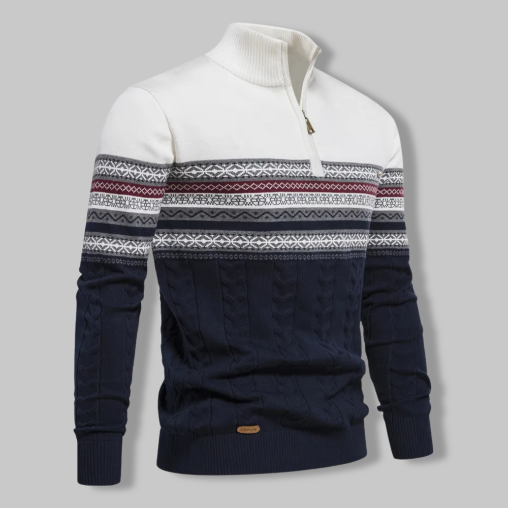 Cozy men's quarter zip sweater with a stylish alpine pattern, perfect long-sleeve layering top.