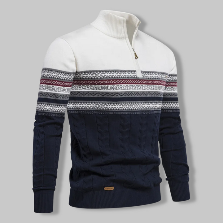 Cozy men's quarter zip sweater with a stylish alpine pattern, perfect long-sleeve layering top.
