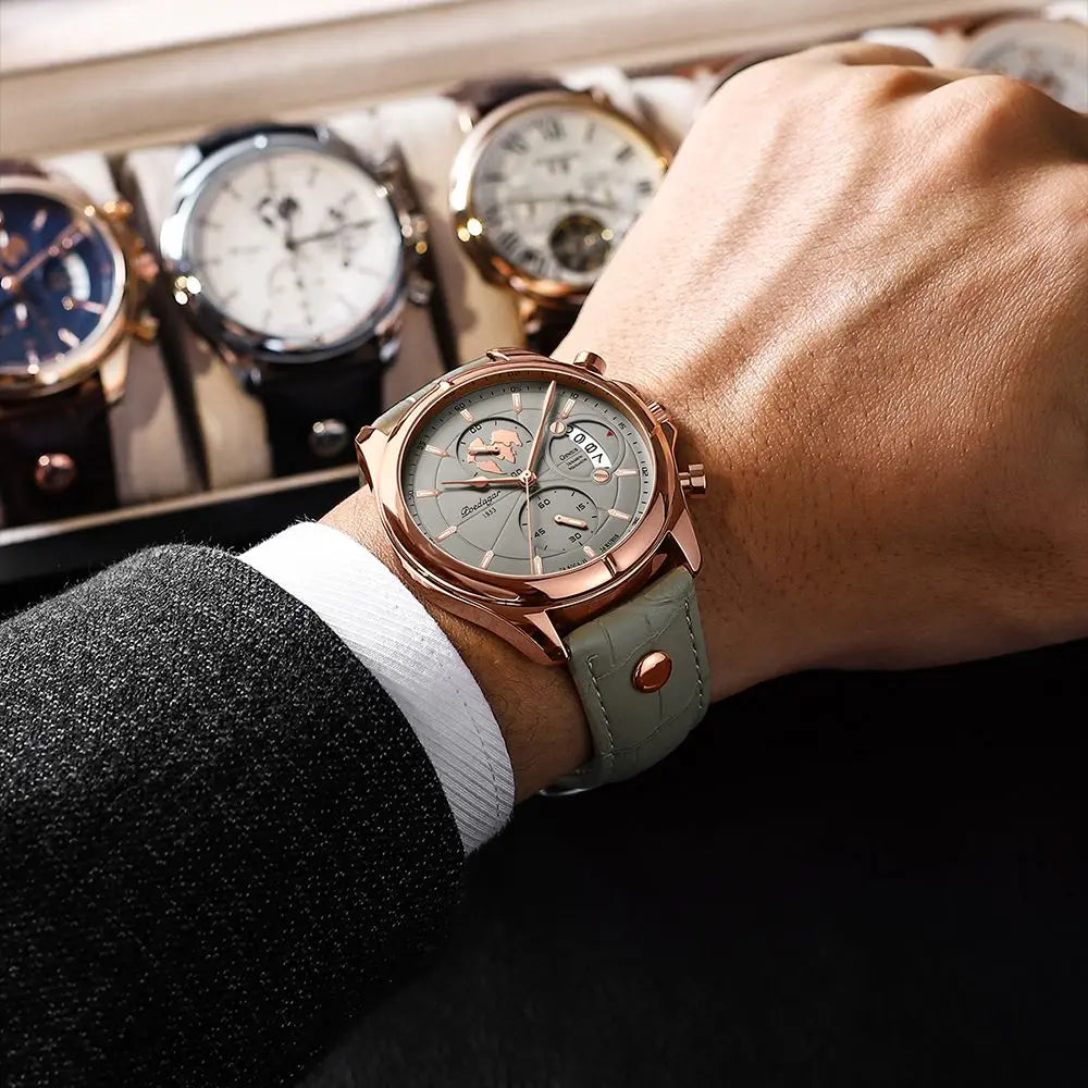 Khaki green men's classic watch, durable stainless steel, elegant three-dial design, perfect for dress.