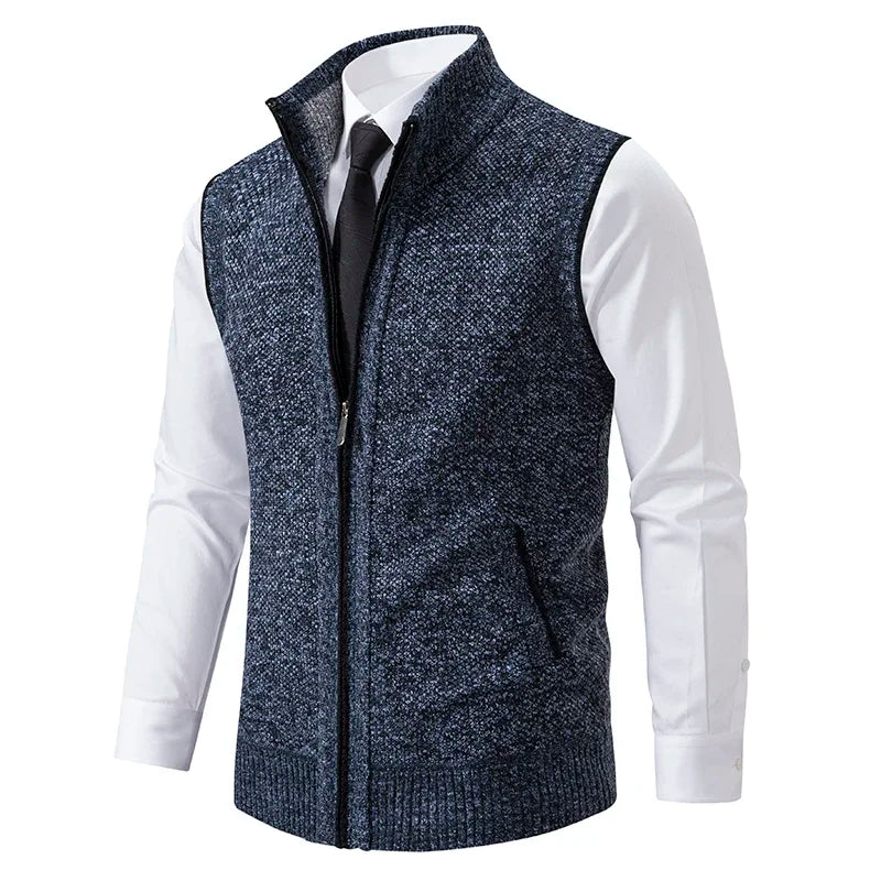 Gray men's wool blend vest, perfect for formal or casual layering. Comfortable & stylish menswear.