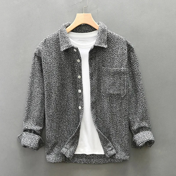 Men's cozy brown knitted overshirt with a textured boucle design, ideal for stylish layering.