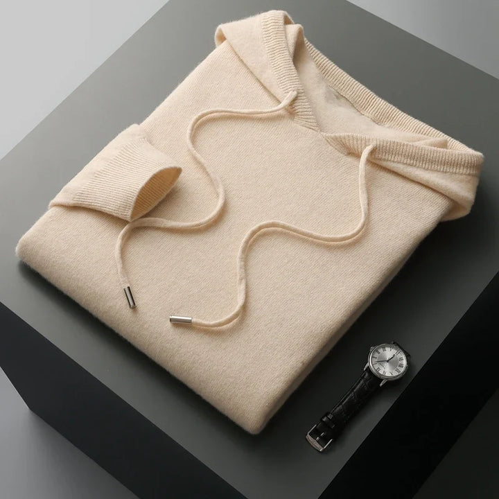 Model enjoying the cozy warmth of a Unisex Premium Pullover Hoodie. Ultimate comfortwear for relaxing moments.