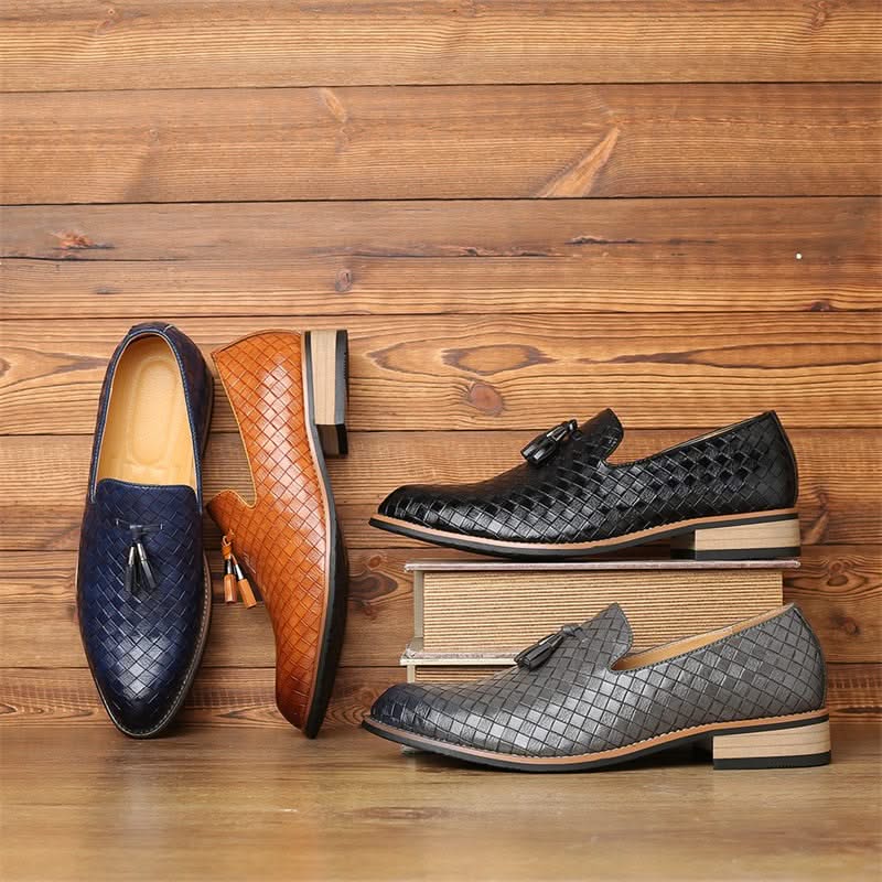 Men's slip-on dress loafers. Intricate woven design and stylish tassels for ultimate comfort and men's fashion.