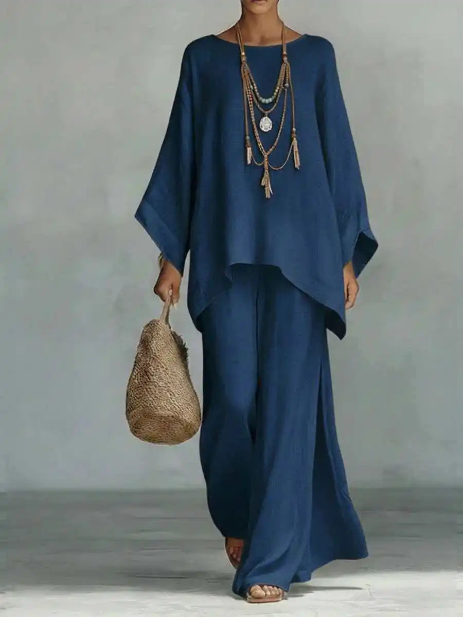 Versatile women's linen blend two-piece set. Relaxed fit summer outfit for casual wear or resort style.