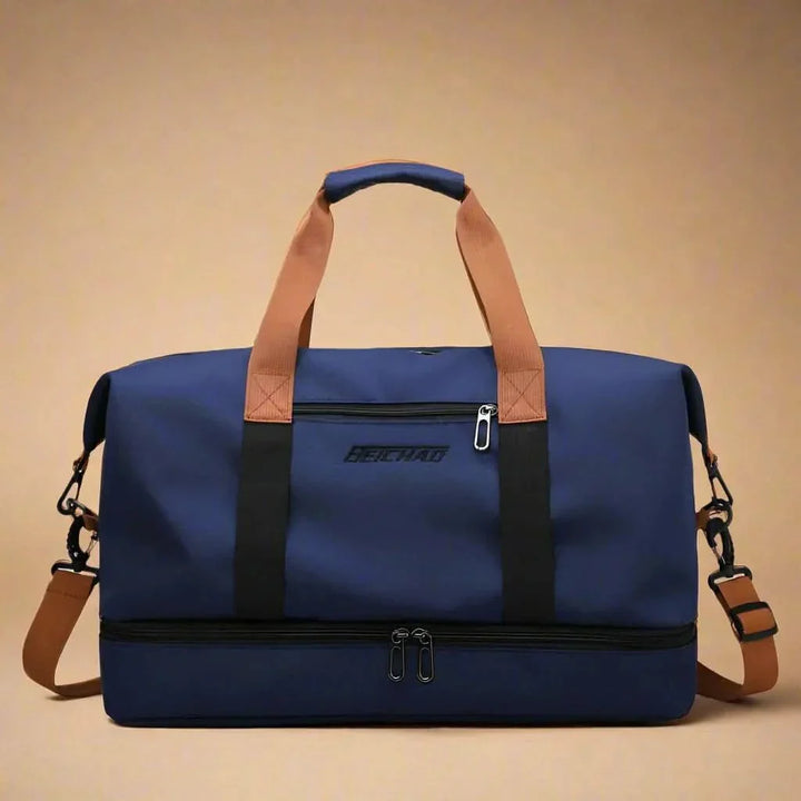 Waterproof sport duffel bag for gym & travel. Unisex design with shoe compartment & organized storage.