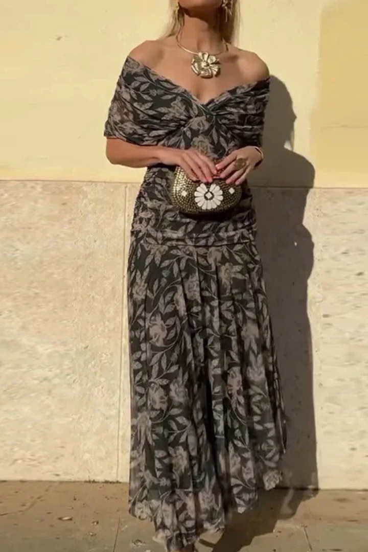 Stunning off-shoulder ruched midi dress for women, ideal as a special occasion evening gown.