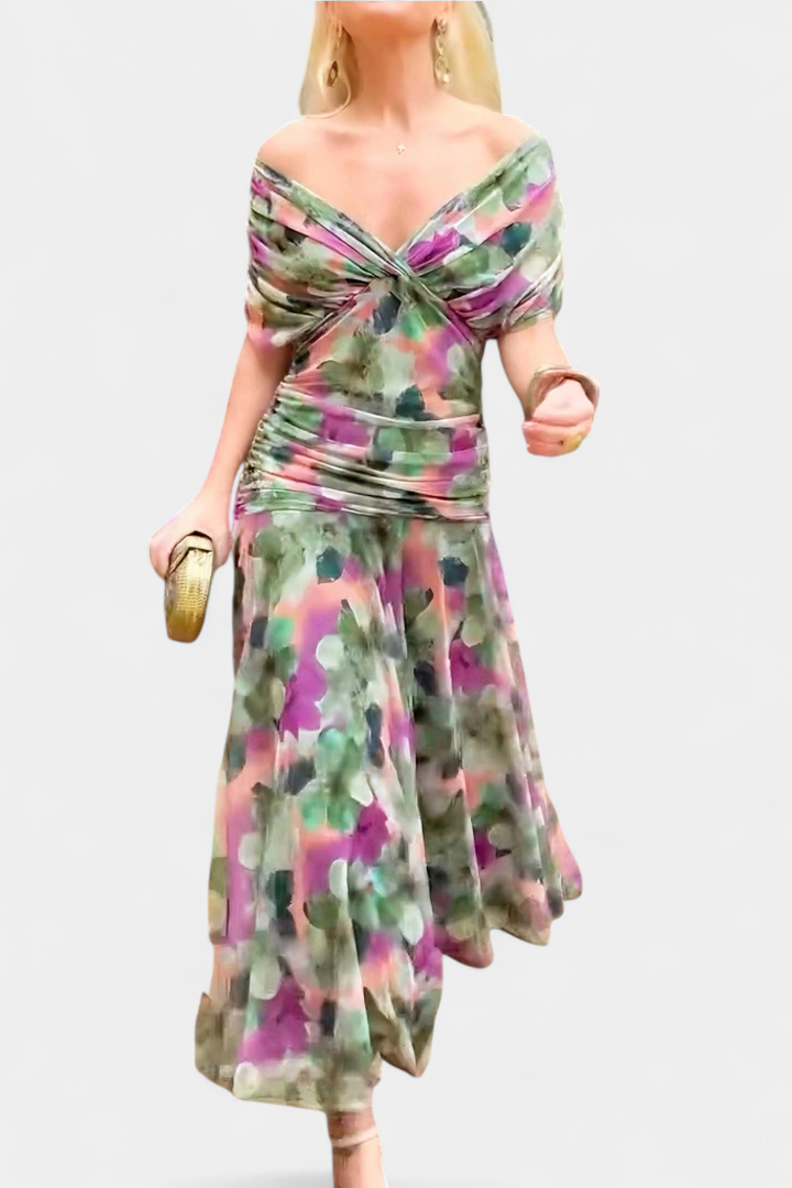 A-line off-shoulder ruched midi dress for women, with a modern twist-front accent.