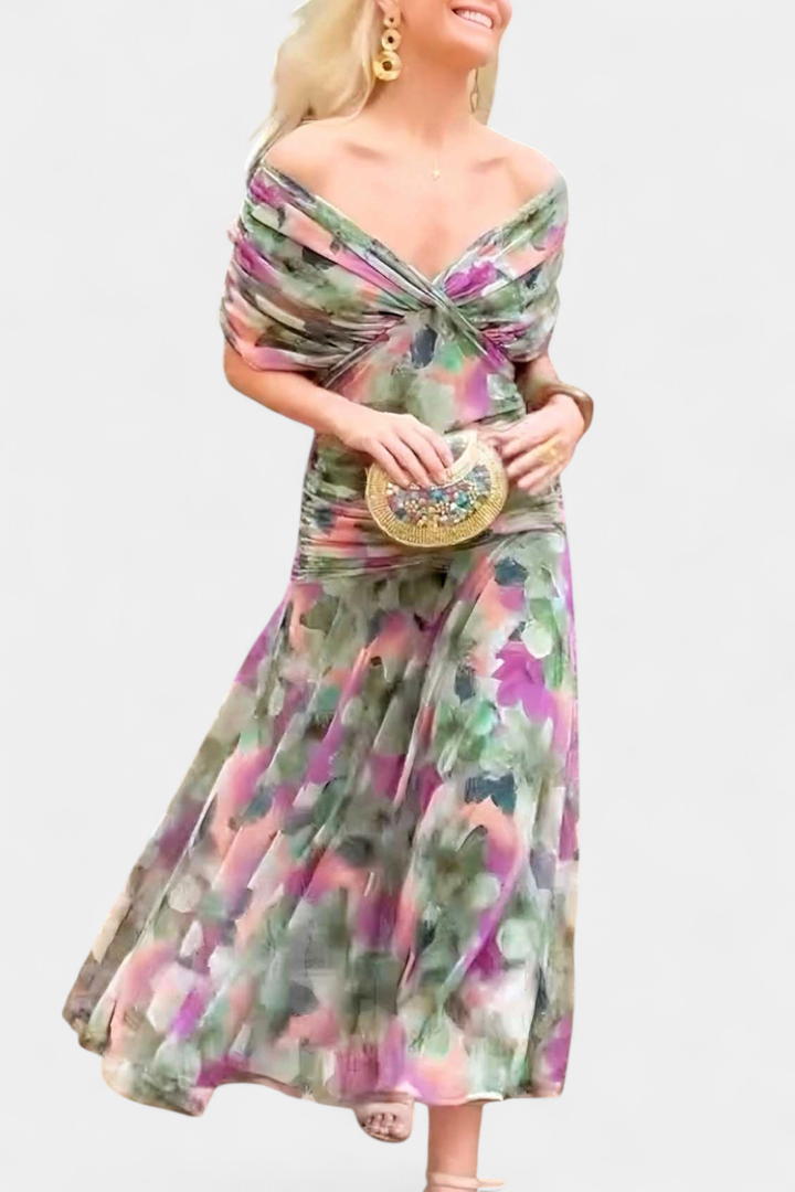 Comfortable women's off-shoulder midi dress with a stylish ruched & twist-front detail.