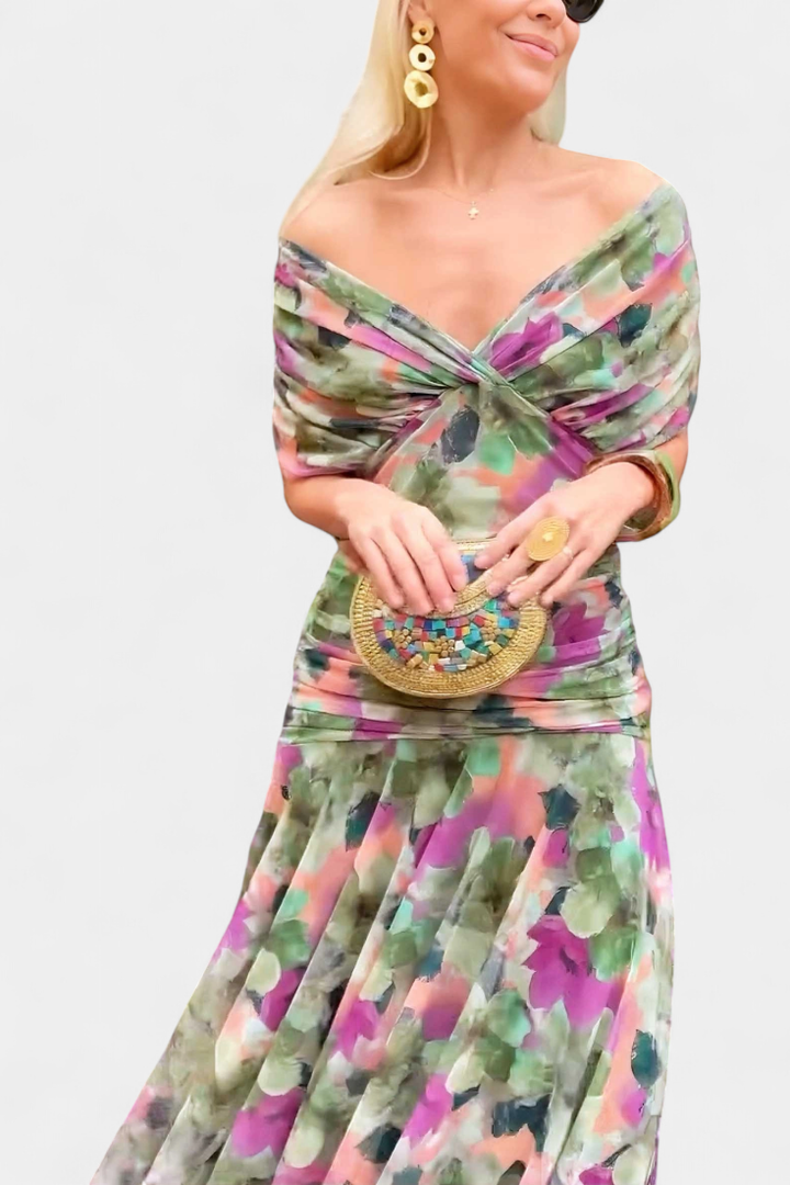 Women's off-shoulder evening midi dress, showcasing a beautiful ruched twist-front.
