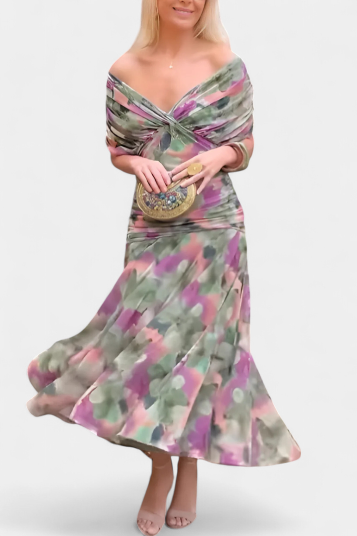 Figure-flattering women's off-shoulder midi dress, with sophisticated ruching & twist-front.