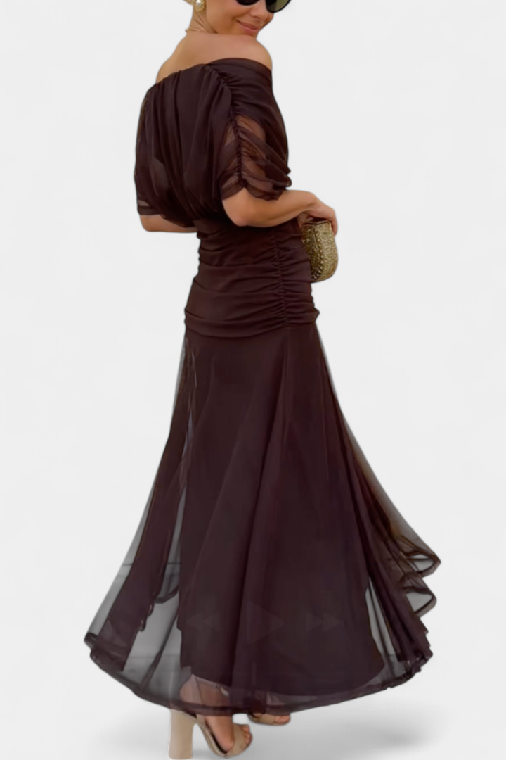 Flattering off-shoulder ruched midi dress for women, ideal as a party or cocktail dress.