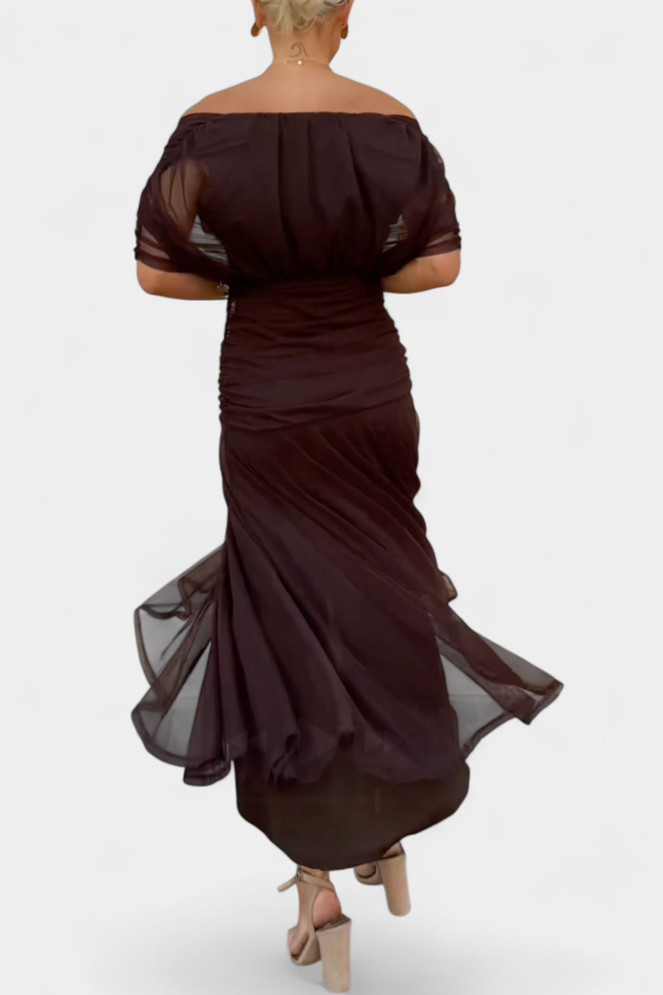 Sophisticated women's twist-front midi dress with elegant off-shoulder neckline & ruches.