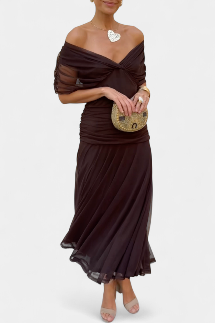 Women's elegant off-shoulder ruched twist-front midi dress, perfect for evening events.