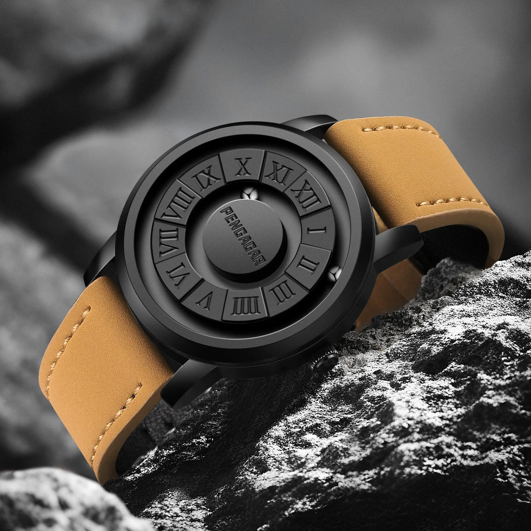 Luxury black unisex watch. Modern design with Roman numerals & innovative magnetic scrolling pointers.