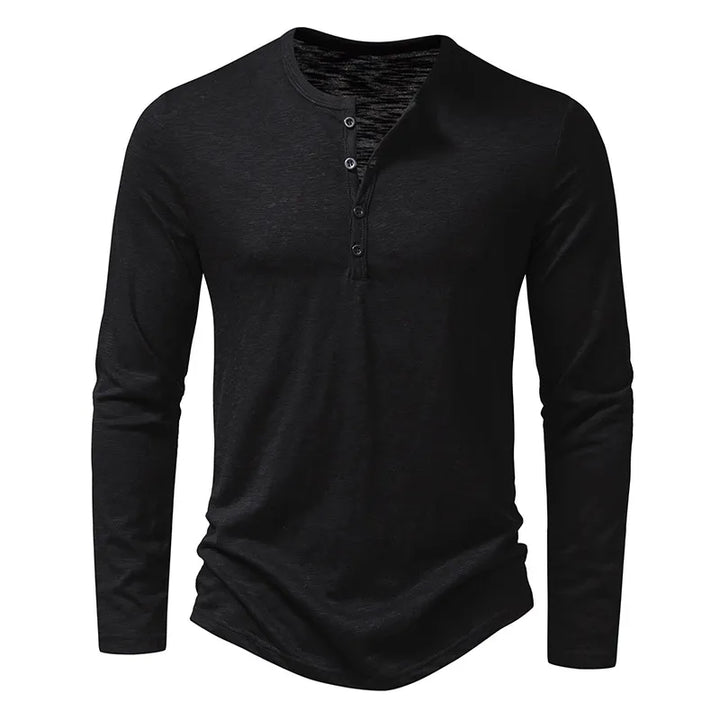 Modern men's slim fit henley shirt, classic long sleeve. Versatile & comfortable everyday fashion.