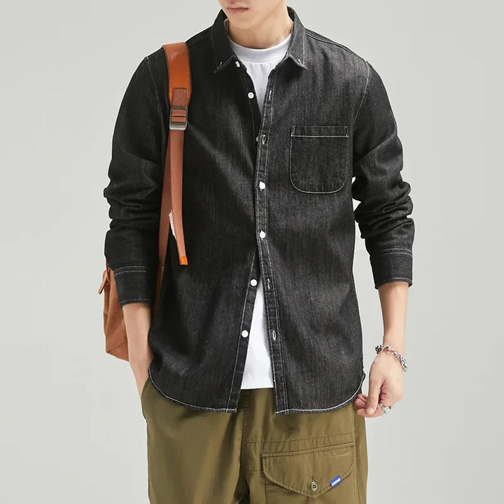 Men's button-down denim shirt, long-sleeve, classic blue for casual and effortless everyday style.