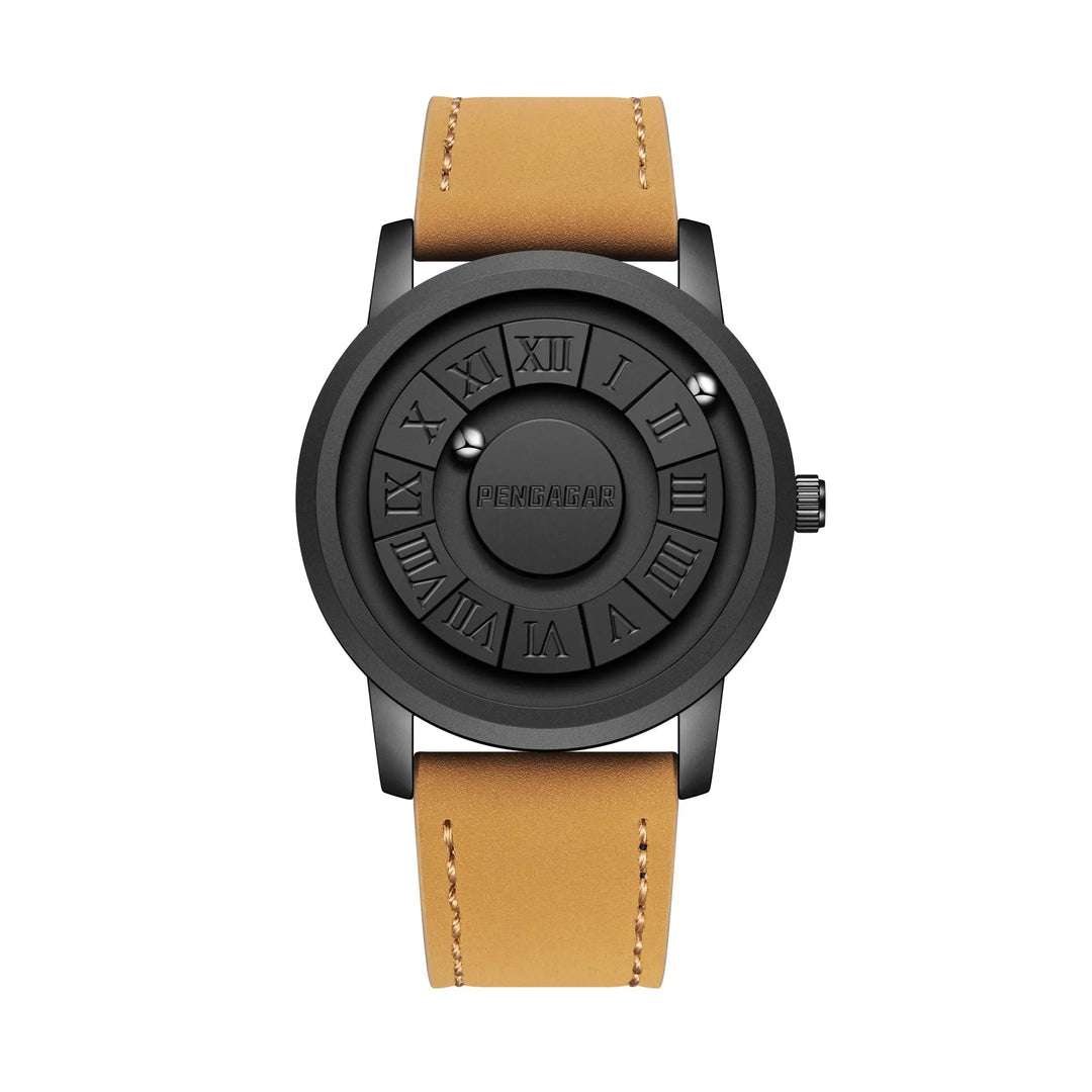 Minimalist black unisex watch with elegant Roman numerals & futuristic magnetic time display.