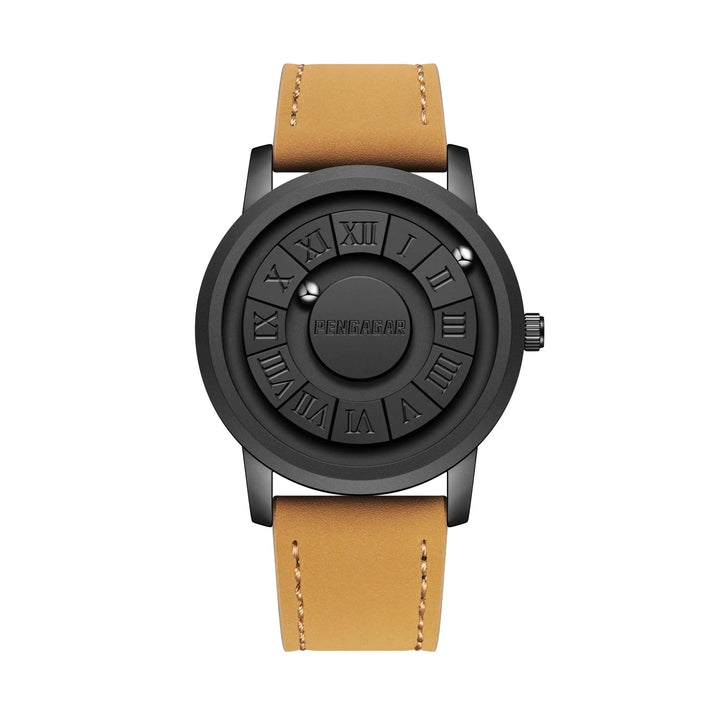 Minimalist black unisex watch with elegant Roman numerals & futuristic magnetic time display.