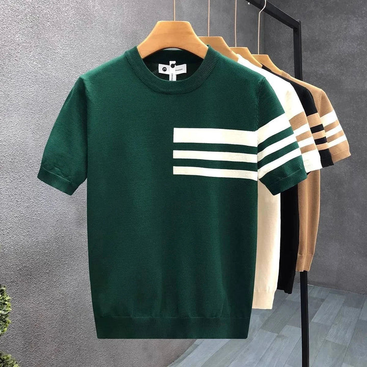 Green men's casual crewneck sweater, a comfortable long-sleeve soft knit pullover for stylish fall & winter outfits.