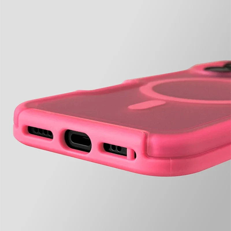 Protective neon iPhone case with magnetic compatibility, non-slip grip & wireless charging support.