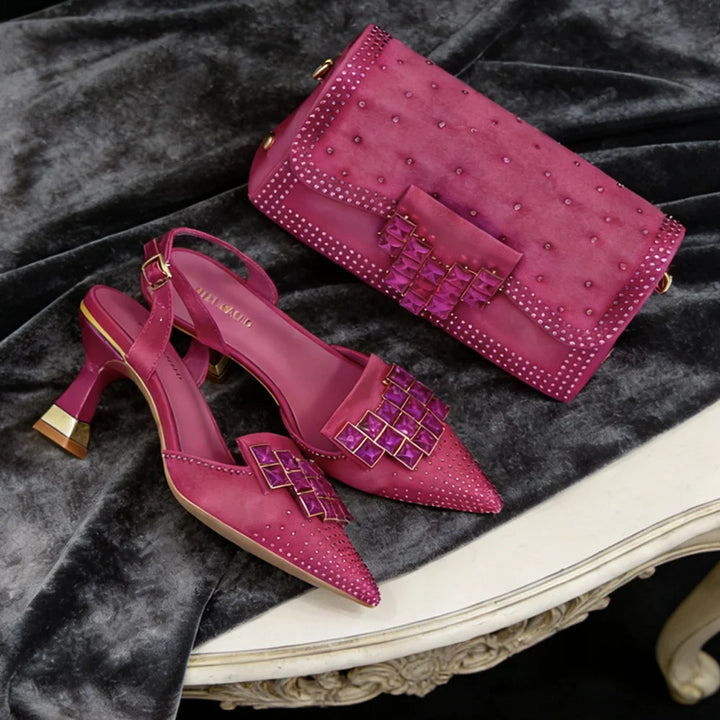 Sophisticated women's pump set featuring sparkling crystals, includes a matching embellished clutch bag.