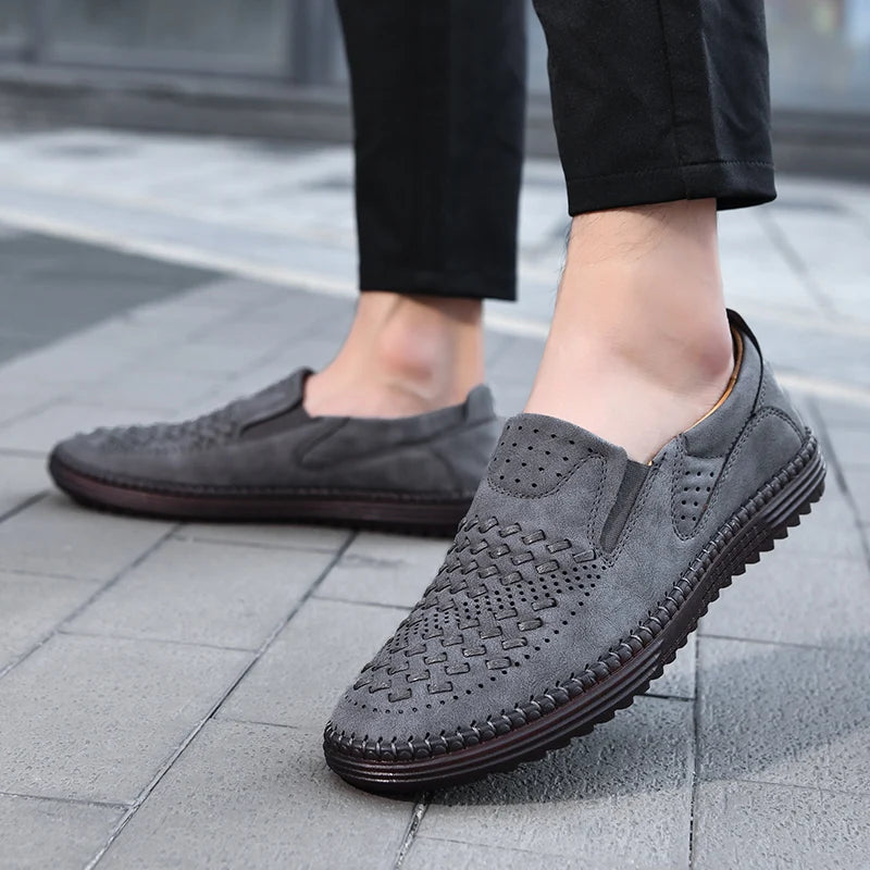 Close-up of perforations on men's breathable casual loafers, ensuring maximum comfort.