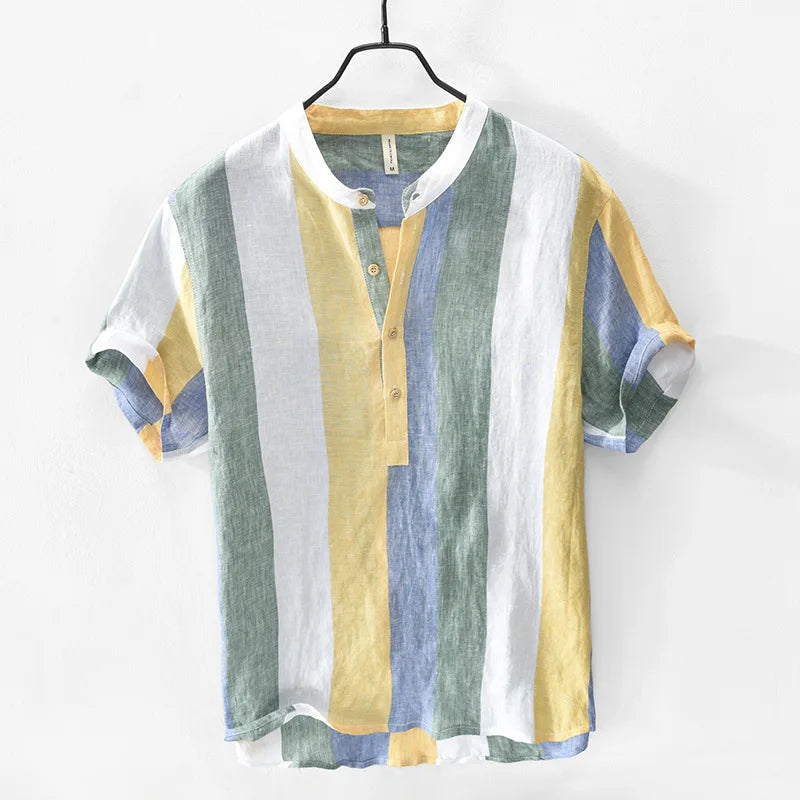 Stylish men's azure & yellow button-down shirt. Ideal lightweight casual summer shirt for beachwear and vacations.