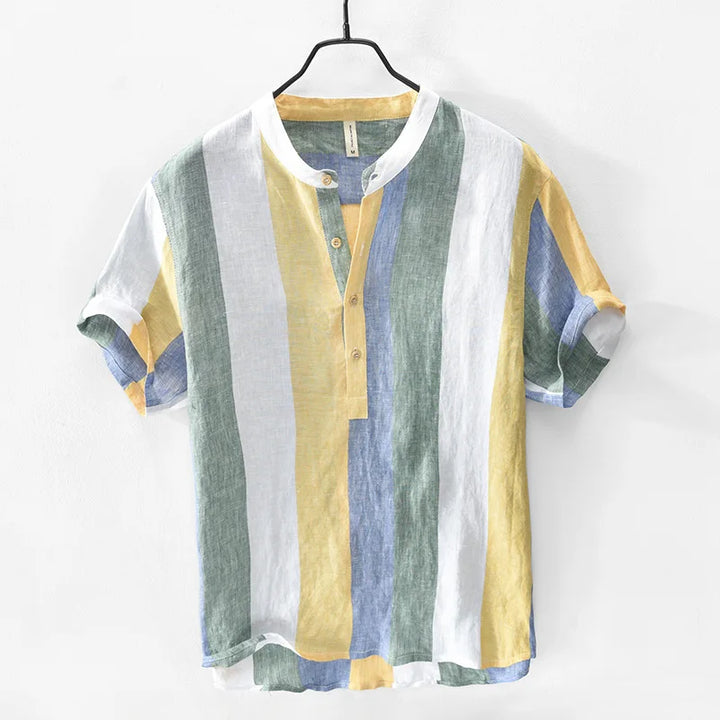 Stylish men's azure & yellow button-down shirt. Ideal lightweight casual summer shirt for beachwear and vacations.