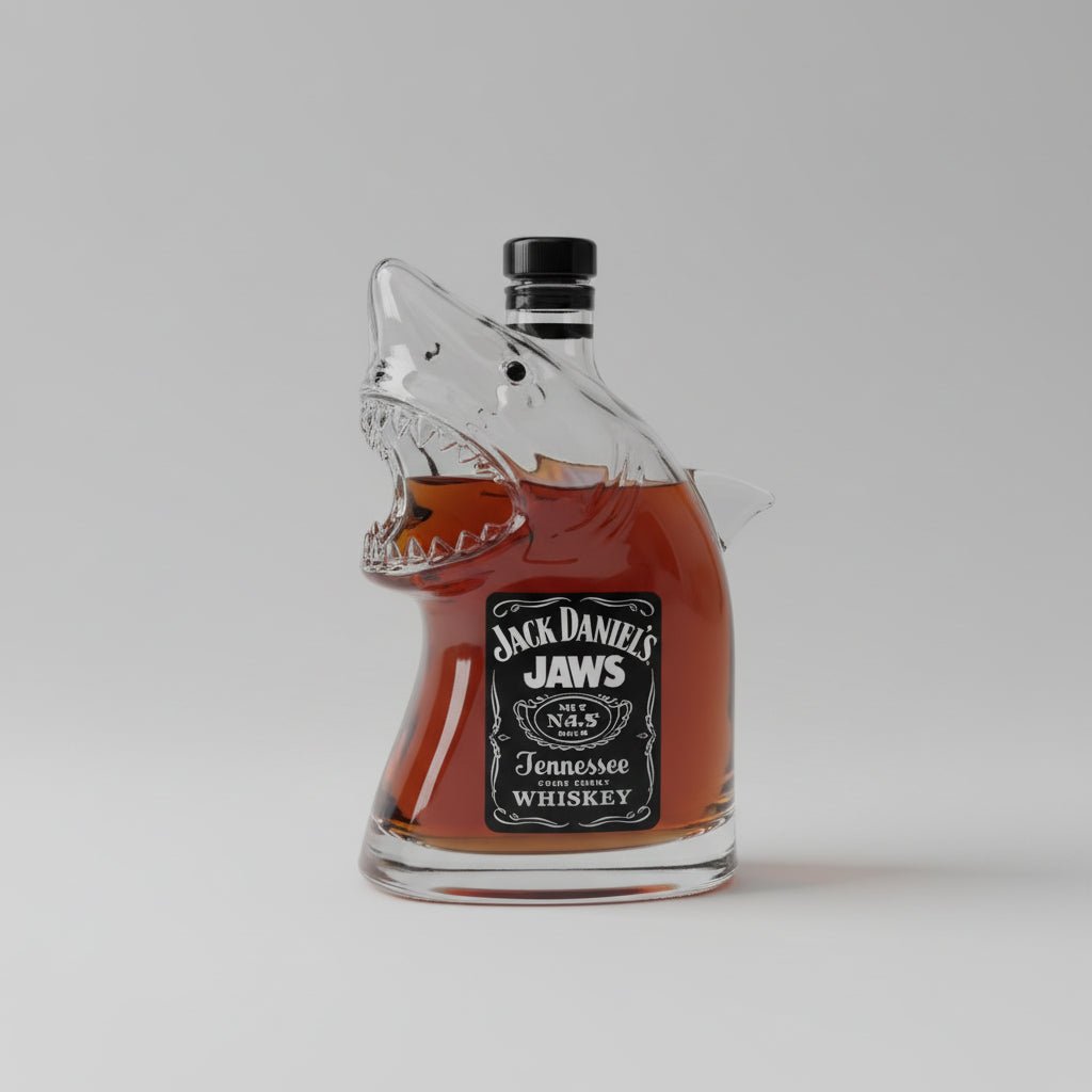 Collectible Great White Shark glass decanter. Unique hand-blown barware & sculpture for whiskey lovers & ocean decor.