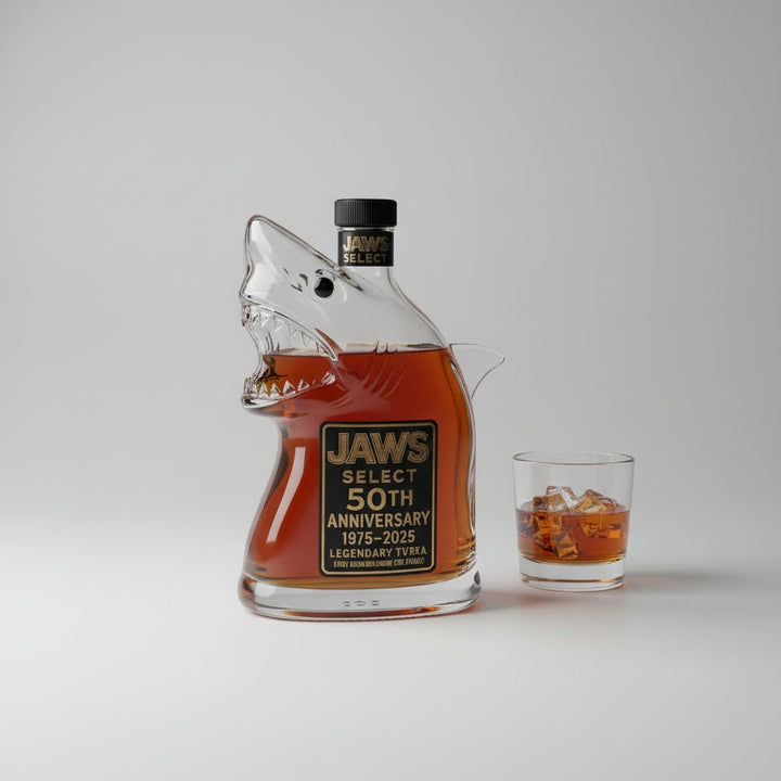 Intricately detailed Great White Shark glass decanter. Limited edition barware for whiskey, wine, spirits, and decor.