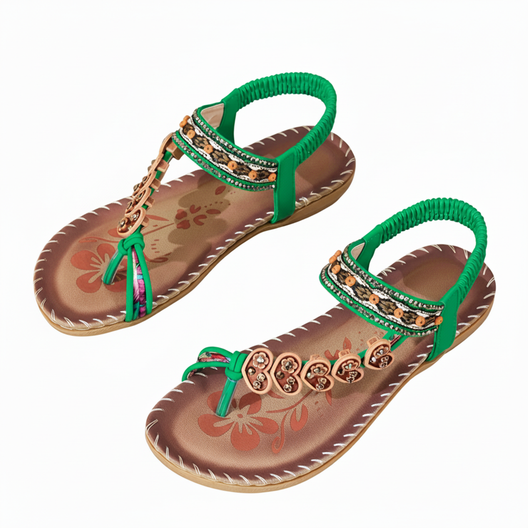 Lightweight women's bohemian thong sandals, floral print ankle strap, offering flat summer comfort.