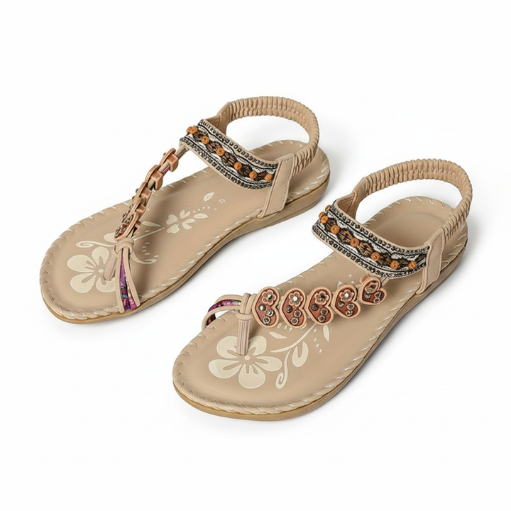 Elegant floral ankle strap sandals for women, bohemian flat thong design, ultimate comfort.