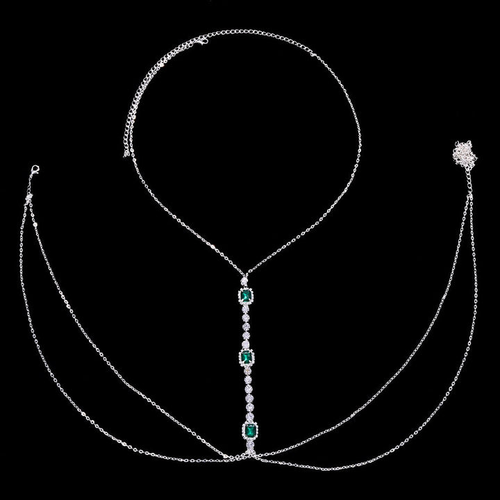 Chic women's green crystal chest chain, a fashionable rhinestone body accessory to elevate any outfit.