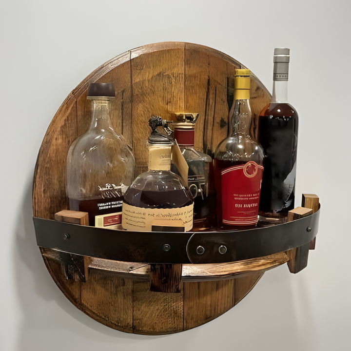 Unique repurposed wood whiskey barrel wall shelf, an eye-catching rustic liquor display for gifts.