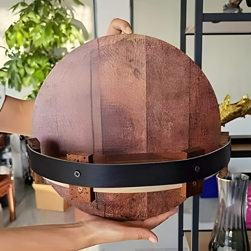 Rustic whiskey barrel wall shelf, essential home bar decor and liquor display for bourbon and spirits.