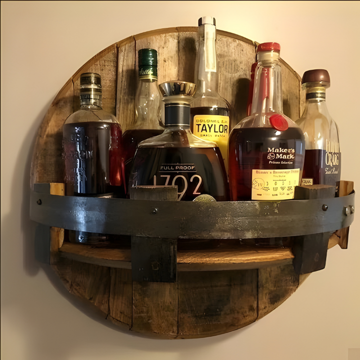 Rustic whiskey barrel wall shelf, handcrafted from repurposed wood, perfect for liquor display.