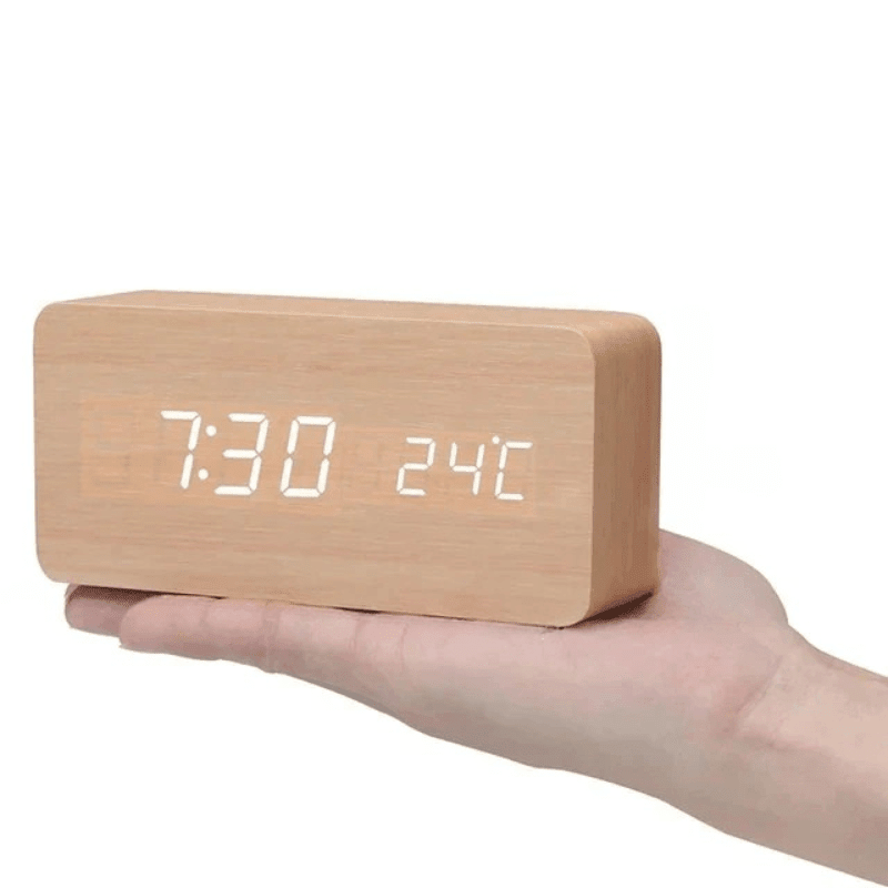 Contemporary LED wooden clock, voice control, clear digital time.
