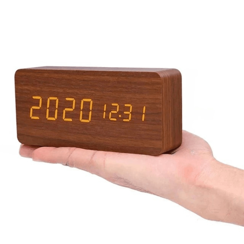Decorative LED wooden clock, modern design, digital display, voice control.