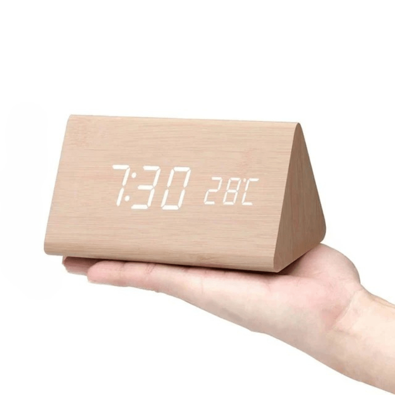 Voice control LED wooden clock, perfect for bedroom or office.