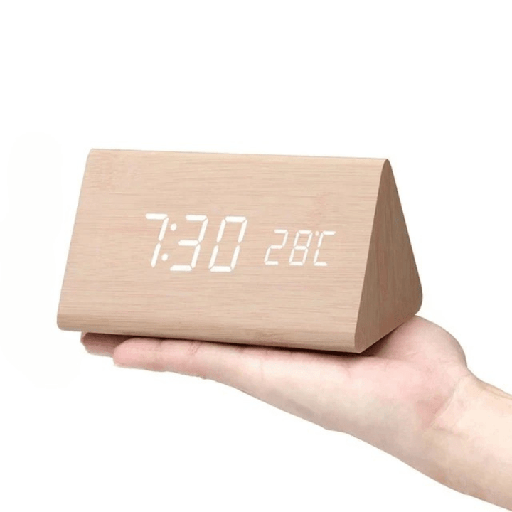 Voice control LED wooden clock, perfect for bedroom or office.