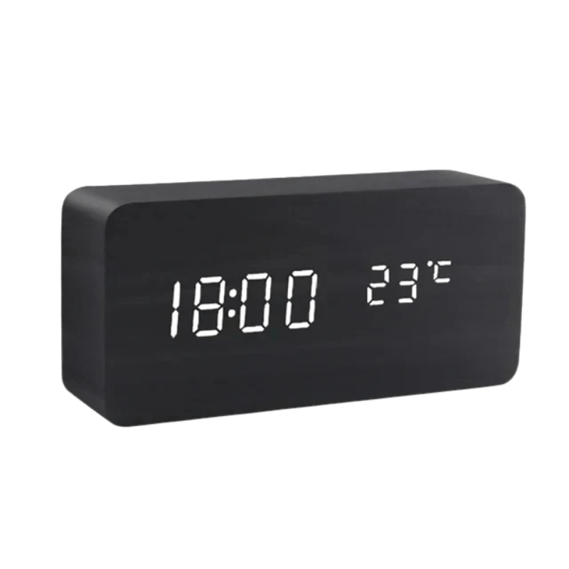 Sleek wooden LED clock, digital time display with sound activation.