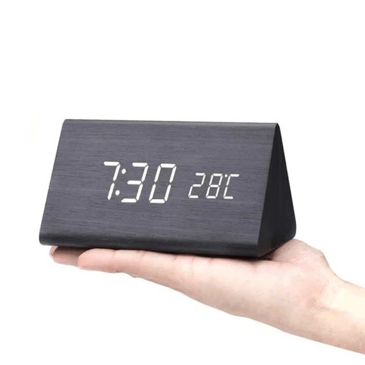 Stylish LED wooden desk clock, voice-activated for modern home decor.