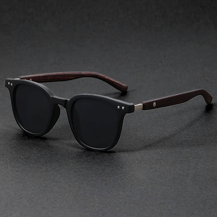 Modern unisex shades with a polished acetate front and distinctive wooden side arms.